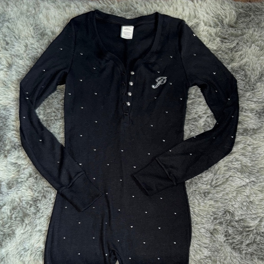 PINK Victoria's Secret Black Rhinestone One-Piece Thermal Pajama